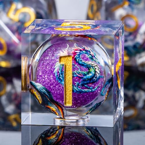 Roycevon Dragon Pattern Liquid Core DND Dice Set, 7Pcs Sharp Edge Dice with Gift Box, Purple Resin Dungeons Dragons D and D Role Playing Dice D20 D12 D10 D8 D6 D4 - color: Purplr Gold