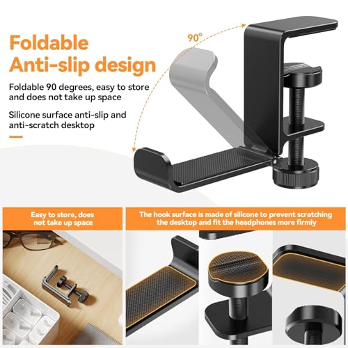 Headphone Hanger Holder Stand -Under Desk Headphone Hanger， Headset Hook Holder with Foldable，Space-Saving Aluminum Stand with Universal Fit for Gaming PC Accessories (Black-1PCS)