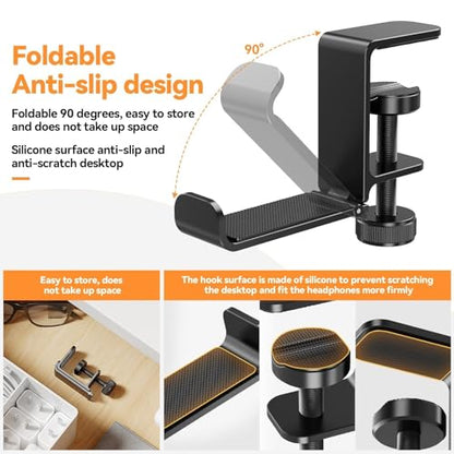 Headphone Hanger Holder Stand -Under Desk Headphone Hanger， Headset Hook Holder with Foldable，Space-Saving Aluminum Stand with Universal Fit for Gaming PC Accessories (Black-1PCS)
