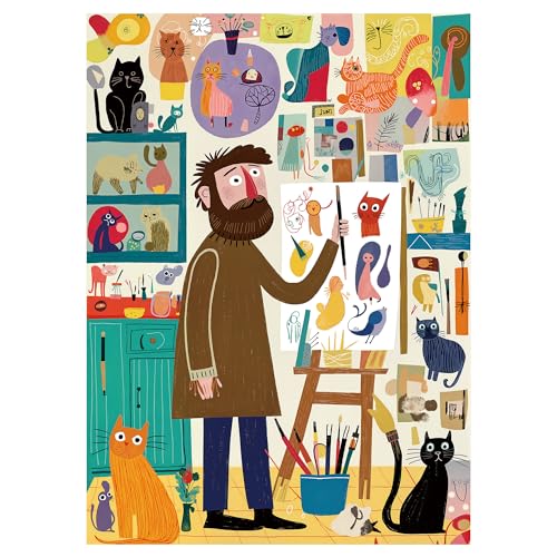 Jigsaw Puzzles for Adults 1000 Pieces, Cat Painter Puzzle | Colorful Home Wall Decor for Family Challenging Games - color: Cat Painter