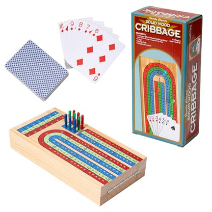 Cribbage Board Game Set - Complete Cribbage Kit for 2-4 Players - Includes 9 Pegs, Deck of Playing Cards & Continuous 3 Track Board - Perfect for Family Game Night & Travel (Ages 8+)