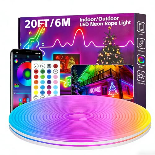 20FT RGB LED Neon Rope Lights, App & Remote Control, Flexible Waterproof IP65 Led Strip Lights, Music Sync Color Changing Multiple Modes Neon Lights for Bedroom Gaming Room Indoor & Outdoor Decor - size: 20FT