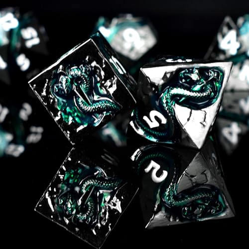 RULE DICE Metal DND Dice Set with Serpent's Cunning Design– 7 Polyhedral Solid D&D Dice – Balanced Metal Dice for Dungeons and Dragons, RPG, Role Playing Games - color: Ld-black White