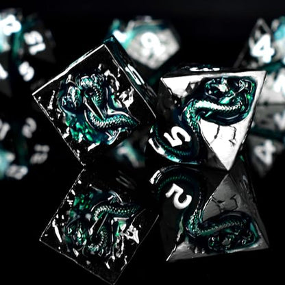 RULE DICE Metal DND Dice Set with Serpent's Cunning Design– 7 Polyhedral Solid D&D Dice – Balanced Metal Dice for Dungeons and Dragons, RPG, Role Playing Games - color: Ld-black White