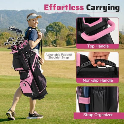 Goplus Lightweight Golf Cart Bag, Molded Lock Top Golf Club Bag w/14-Way Full Length Organizer Dividers, 11 Pockets, Cooler Bag, Straps, Umbrella Holder & Rain Hood for Men Women - color: Black+Pink