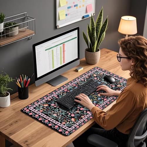 Black Floral Desk Mat Large Mouse Pad 31.5"x15.7" Non-Slip | Extended Mousepad, Non-Slip Rubber Base , Stitched Edges, for Computer/Laptop/Office/Home - color: Black Floral