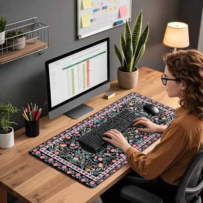 Black Floral Desk Mat Large Mouse Pad 31.5"x15.7" Non-Slip | Extended Mousepad, Non-Slip Rubber Base , Stitched Edges, for Computer/Laptop/Office/Home - color: Black Floral