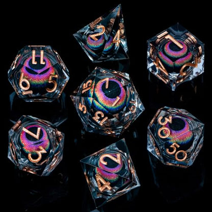 ARUOHHA DND Dragon Eye Dice Liquid Core Resin Sharp Edged Dice Set with Gift Box, RPG Role Playing Game Polyhedral Handmade D and D Dice D20 D12 D10 D8 D6 D4 - color: Yy03-rainbow