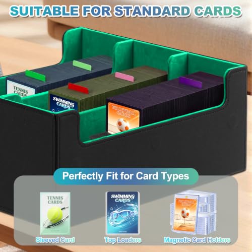 Trading Card Storage Box, Holds 1800 Sleeved Card, PU Magnetic Closure | 200 Toploaders and 600 Penny Sleeves INCLUDED, 10 Dividers and 6 Foam Stoppers INCLUDED, Fit for MTG, TCG and Sports Cards - color: Black and Green