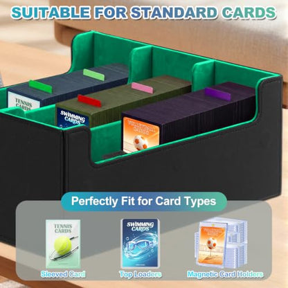 Trading Card Storage Box, Holds 1800 Sleeved Card, PU Magnetic Closure | 200 Toploaders and 600 Penny Sleeves INCLUDED, 10 Dividers and 6 Foam Stoppers INCLUDED, Fit for MTG, TCG and Sports Cards - color: Black and Green