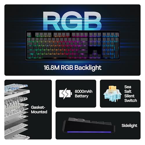 MechLands EPOMAKER TH108 Full Size Mechanical Keyboard, Wireless Gaming Keyboard, 8000mAh Battery, Creamy Gasket, 108 Keys, Hot Swap, Custom Driver, RGB Backlights (Black, Sea Salt Silent Switch) - color: Black, size: Sea Salt Silent Switch
