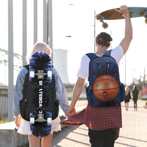 Ronyes Skateboard Backpack, Skateboard Bag,17.3 Inch Laptop Backpack with USB Charging Port, Basketball Longboard Backpack for Sports Travel Blue