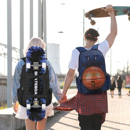Ronyes Skateboard Backpack, Skateboard Bag,17.3 Inch Laptop Backpack with USB Charging Port, Basketball Longboard Backpack for Sports Travel Blue