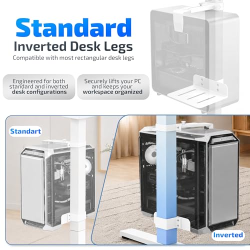 DEHAGLOBAL Clamp Mount Under Desk Pc Mount, Adjustable Height and Width No Drilling 50 lb Capacity with Non-Slip Pads & Cable Organizer for Standing Desk (White, 65mmx45mm)
