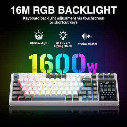 Aula L99 Wireless Mechanical Keyboard with Smart Touch Screen,Tri-Mode Hot Swappable Custom Gaming Keyboard,RGB Backlit,PBT Keycap,Gasket Mount Creamy Sounding Computer Keyboards for Office PC,84 Keys - color: White&Gray&Blue