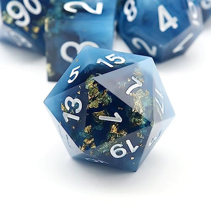 Haxtec Sharp Edge DND Dice Set, Gold Foil Resin Polyhedral RPG Dice | Blue D&D Dice for Role Playing Games, Compatible with Dungeons and Dragons, Handmade 7-Die with Metal Case, TTRPG Gifts - color: Blue White Gold