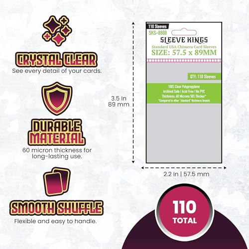 Sleeve Kings Standard Card Sleeves 57.5x89mm, 60 Micron, 110ct, SKS-8808 | 100% Clear Polypropylene, Acid-Free & PVC-Free, Archival-Safe for Long-Term Storage, Compatible with Wingspan & More - size: 57.5 x 89 mm, style: Standard USA Chimera