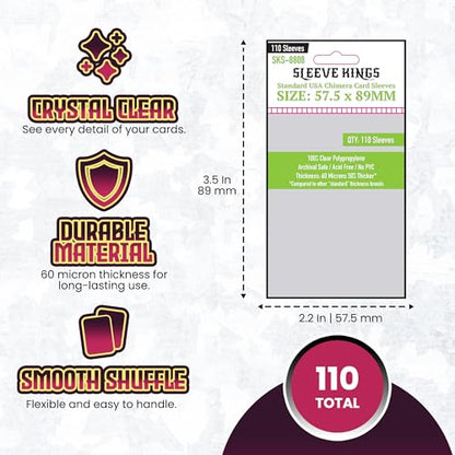 Sleeve Kings Standard Card Sleeves 57.5x89mm, 60 Micron, 110ct, SKS-8808 | 100% Clear Polypropylene, Acid-Free & PVC-Free, Archival-Safe for Long-Term Storage, Compatible with Wingspan & More - size: 57.5 x 89 mm, style: Standard USA Chimera