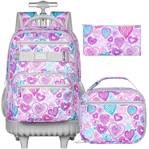 3Pcs Rolling Backpack for Girls Women, Travel Roller Backpacks with Wheels for Adults, Teens College Love Wheeled Bookbag with Lunch Box(Ash Powder) - color: Love Grey