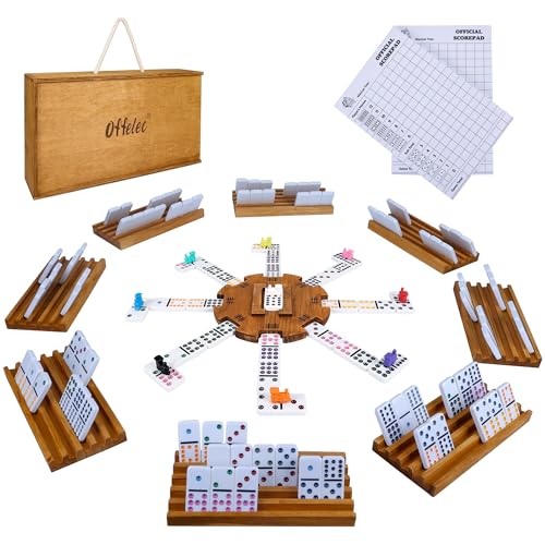 Offelec Mexican Train Dominoes Set with 8 Holders, Double 12 Dominos Set for Adults, Mexican Dominoes Train for Kids and Family Game, Mexican Train Games with 91 Colored Tile Dominos and Wooden Box - color: Brown Wooden Hub With Box