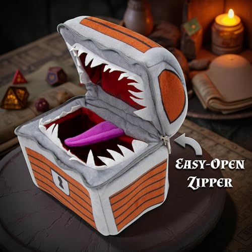 CASEMATIX Mimic Dice Chest and DND Dice Case with 7 Included RPG Dice - 6.5" Mimic Chest Bag with Zipper and Carabiner, Holds 150 Polyhedral Pieces - style: Chest