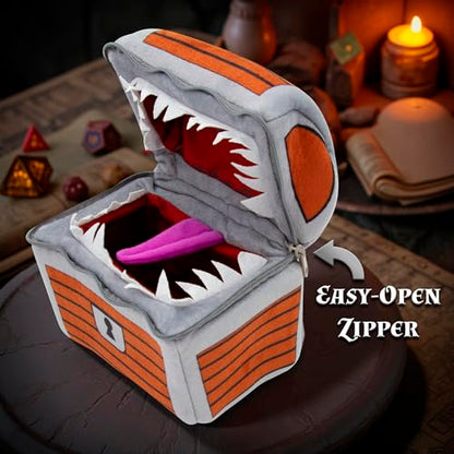 CASEMATIX Mimic Dice Chest and DND Dice Case with 7 Included RPG Dice - 6.5" Mimic Chest Bag with Zipper and Carabiner, Holds 150 Polyhedral Pieces - style: Chest