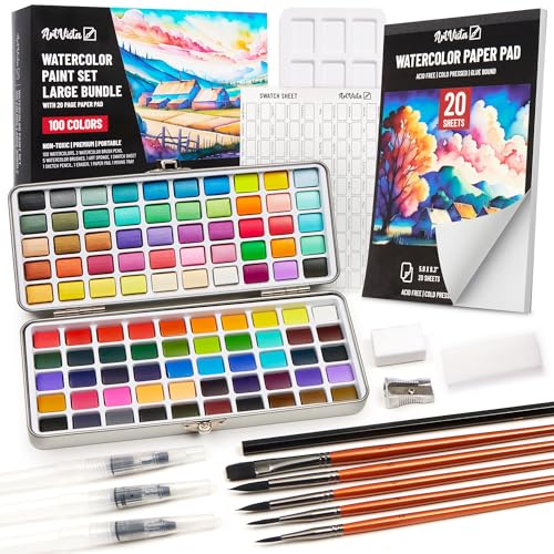 Premium Watercolor Paint Set Bundle with 100 Bright Colors & Paper Pad for Beginners & Professional – Painting Kit & Art Supplies for Adults – Travel Watercolor Set with Metallic Watercolor Paints - color: Large Set