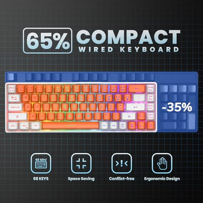 GEODMAER 65% Gaming Keyboard, LED Backlit Mini Wired Keyboard, Ultra-Compact Anti-Ghosting No-Conflict 68 Keys Membrane Gaming Wired Keyboard for PC Laptop Windows Gamer(Orange-White) - color: Orange-White