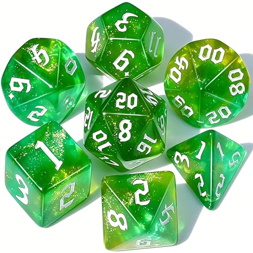 CiaraQ 7pcs Polyhedral Dice Set for Dungeon and Dragons MTG Table Games | Acrylic Role Playing Dice for D&D with Black Velvet Bag – Green & Yellow Swirl with Glitter – Standard Size – Ages 14+ - color: Translucent Green-yellow Swirl With Glitter