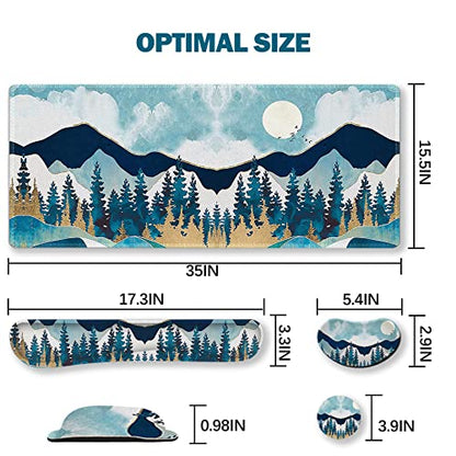 ARTSO Large Gaming Mouse Pad Set, Keyboard Wrist Rest Support + Mouse Wrist Cushion + Extended Mousepad + Coaster, 35x15.5in Multifunctional Desk Mat, Abstract Mountain - color: Abstract Mountain