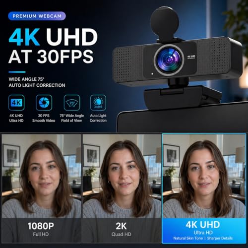 4K Webcam for PC with Dual Microphones,UHD 30fps Web Camera,Autofocus USB Webcam with Privacy Cover,Tripod, Plug & Play Camera for Zoom, Teams, Skype, Streaming, Laptop & Desktop