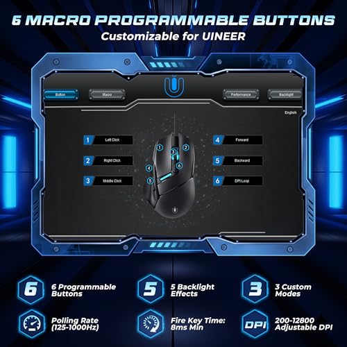 Uineer Wired Gaming Mouse, 7200 DPI, 6 Programmable Buttons, RGB Lighting | 6 programmable buttons, adjustable 7200 DPI, RGB lighting and quiet clicks for work or gaming.