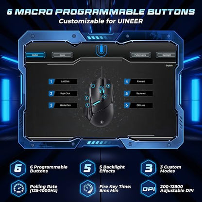 Uineer Wired Gaming Mouse, 7200 DPI, 6 Programmable Buttons, RGB Lighting | 6 programmable buttons, adjustable 7200 DPI, RGB lighting and quiet clicks for work or gaming.
