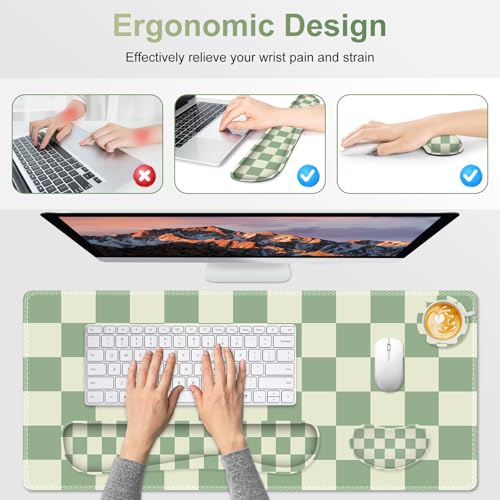 Large Gaming Mouse Pad Set, 4 in1 Ergonomics Keyboard Desk Mat with Memory Foam Wrist Rest, Extended Game Mousepad, Non-Slip Desk Pad Matt Easy Typing Pain Relief I Green Checkered - color: Green Checkered