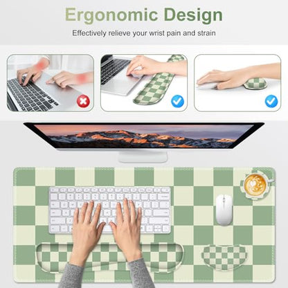 Large Gaming Mouse Pad Set, 4 in1 Ergonomics Keyboard Desk Mat with Memory Foam Wrist Rest, Extended Game Mousepad, Non-Slip Desk Pad Matt Easy Typing Pain Relief I Green Checkered - color: Green Checkered