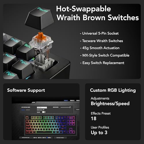 TECWARE Phantom+ Elite 87 Key RGB Mechanical Gaming Keyboard | 3-Mode Wireless Bluetooth 5.0, 2.4GHz & USB-C Wired | Hot-Swappable 5-Pin | Double-Shot PBT Keycaps | Wraith Brown Switch - Black - color: Brown Switch, size: Phantom+ Elite 87 | Black