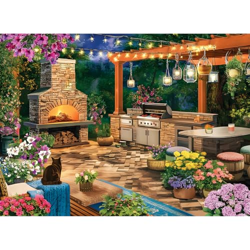 Cozy Flowers Garden Patio & Fireplace 500 Piece Puzzle, Relaxing Game | Fun and challenging for family time, relaxing gift for adults and seniors, 20.5 x 15 in - style: Night Patio