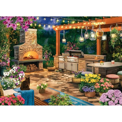 Cozy Flowers Garden Patio & Fireplace 500 Piece Puzzle, Relaxing Game | Fun and challenging for family time, relaxing gift for adults and seniors, 20.5 x 15 in - style: Night Patio