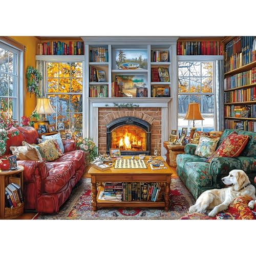 Cozy Reading Room 1000 Piece Jigsaw Puzzle for Adults Winter Library Scene with Fireplace, Books & Dog | Adult Puzzles for Relaxation, Fun Games for Game Night, Unique Mind Puzzles - color: Colorful Cozy Reading Room