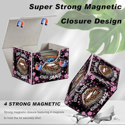 Magnetic Closure TCG Deck Box Portable Card Holder Trading Card Deck Box | PU Leather Collectible Card Case Game Trading Card Deck Box Storage Scratch Resistant Lining, Leopard Print Lips Pink Daisy - color: Leopard Print Lips Pink Daisy