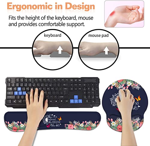 Keyboard Wrist Rest + Mouse Pad Wrist Support Set with Coasters, She Believed She Could So She Did Inspirational Quote Design Non-Slip PU Base Ergonomic Mousepad for Home Office Working Studying - color: She Believed She Could So She Did-2