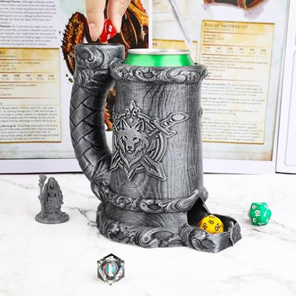 Dungeons and Dragons Dice Tower, Dice Rolling Tower for RPG & Board Games | Hand-Painted Gothic Pen Stand, Dice Organizer & Beverage Holder–Gift for TTRPG Enthusiasts-FF287B Silver - color: Silver, style: FF287-Wolf Crest Cup