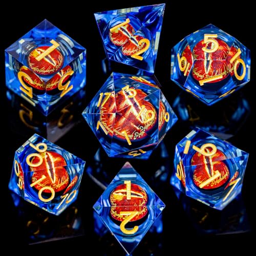 ARUOHHA DND Resin Dice Gazes Eye Dice Golden Blue Liquid Core Flaming RPG Sharp Edged Dice Set with Gift Box, Polyhedral D and D Dice Set Compatible with Dungeons Dragons Role Playing Game D20 D6 - color: Sl01-blue Gold