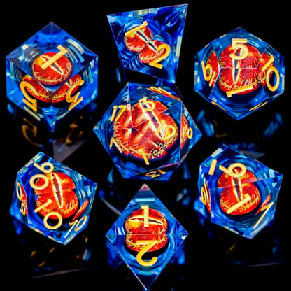 ARUOHHA DND Resin Dice Gazes Eye Dice Golden Blue Liquid Core Flaming RPG Sharp Edged Dice Set with Gift Box, Polyhedral D and D Dice Set Compatible with Dungeons Dragons Role Playing Game D20 D6 - color: Sl01-blue Gold
