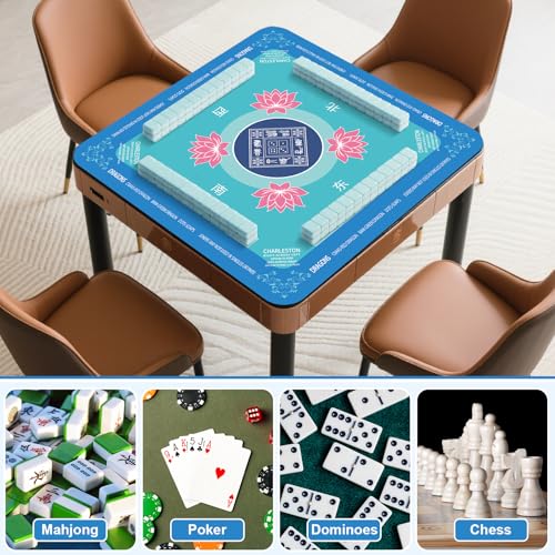 Mahjong Mat 31.5" x 31.5" Mahjong Table Mat with Rules Anti Slip Noise Reduction Lotus Flower Gaming Tablecloth for Poker, Card, Board Tile Games Mah Jongg Table Cover with Carrying Bag (Blue) - style: Blue Flower