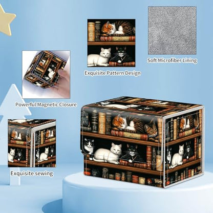 for MTG Commander Deck Box,Card Deck Box for Trading Yugioh MTG,Fits 100 Double Sleeved Cards,PU Leather Strong Magnet Case for Magic Commander TCG CCG,Cat Bookshelf - color: Cat Bookshelf