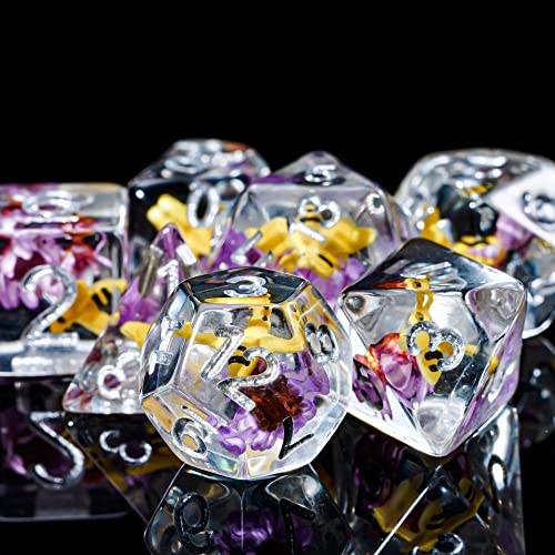 Cusdie 7-Die DND Dice, Polyhedral Dice Set Filled with Animal, for Role Playing Game D&D Dice (Bee Purple Flower) - color: Bee Purple Flower