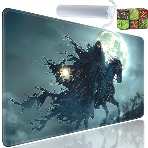 Playmat for MTG, 24x14 Inches Playmats, for TCG and CCG Trading Card Game Mat, Non-Slip Rubber for MTG Playmats with A Storage Bag and 6 Dice Set, Grim Reaper Wizard Pattern - color: Yu-Playmat-1-E132