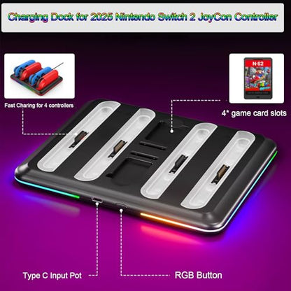 for Nintendo Switch 2 Joy-Cons Controller Fast Charging Dock, 4 in 1 Magnetic Design Fast Charging Stand Station with RGB Indicators for Nintendo Switch 2 Accessories