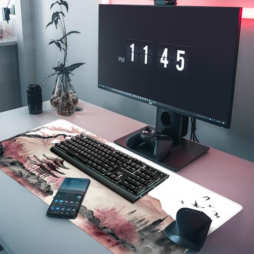 Japanese Cherry Blossom Large Gaming Mouse Pad,Mouse Pad Gaming for Desk 31.5 x 11.8 in Mouse Mat Desk Pad,Extended Keyboard Mousepad Desk Mat with Non-Slip Base and Stitched Edge for Gaming Office - color: Cherry Blossom Mountain